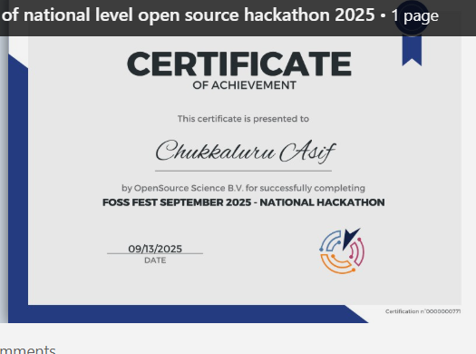 National Level Open Source Hackathon Certificate (Odoo eLearning)